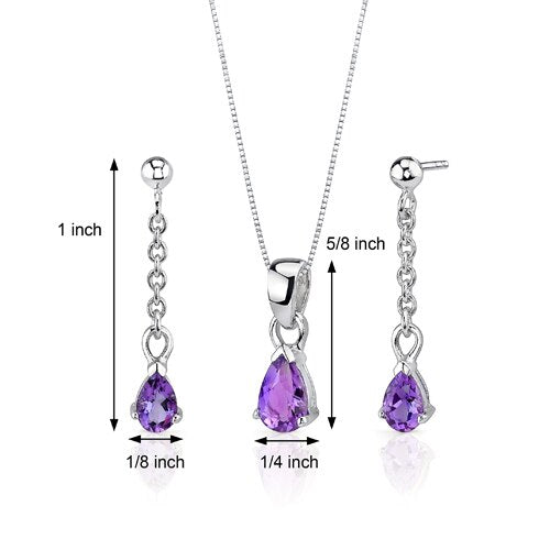 Amethyst Pendant Earrings Set Sterling Silver Pear 1.5 Carats