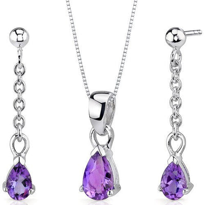 Amethyst Pendant Earrings Set Sterling Silver Pear 1.5 Carats