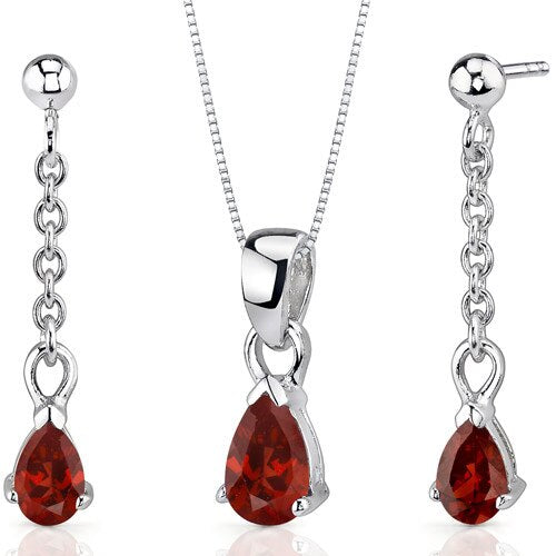 Garnet Pendant Earrings Set Sterling Silver Pear Shape 2 Carats