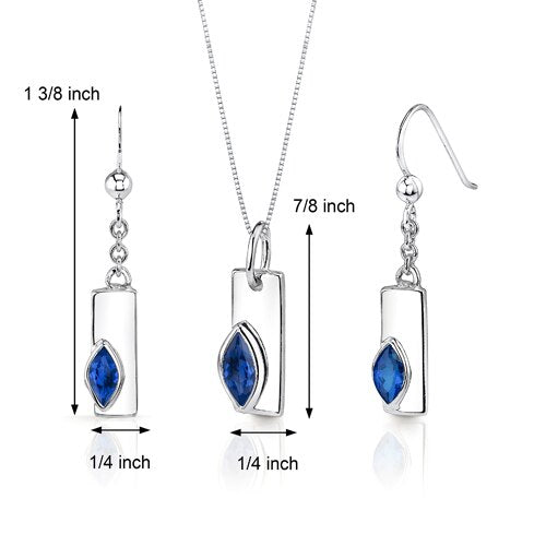 Blue Sapphire Pendant Earrings Set Sterling Silver Marquise