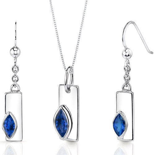 Blue Sapphire Pendant Earrings Set Sterling Silver Marquise