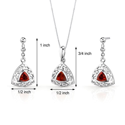 Garnet Pendant Earrings Set Sterling Silver Trillion 1.5 Carats