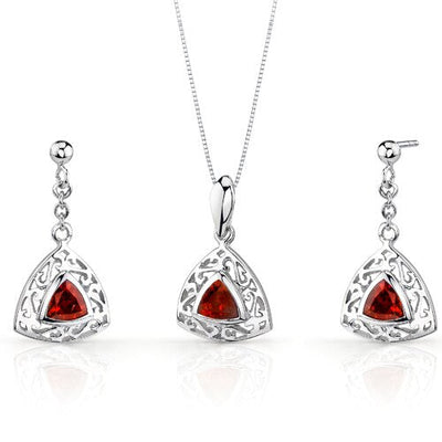 Garnet Pendant Earrings Set Sterling Silver Trillion 1.5 Carats