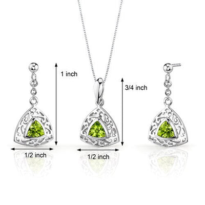 Peridot Pendant Earrings Set Sterling Silver Trillion 1.5 cts