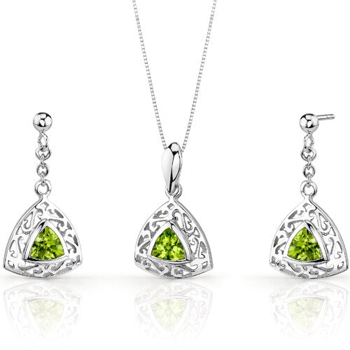 Peridot Pendant Earrings Set Sterling Silver Trillion 1.5 cts