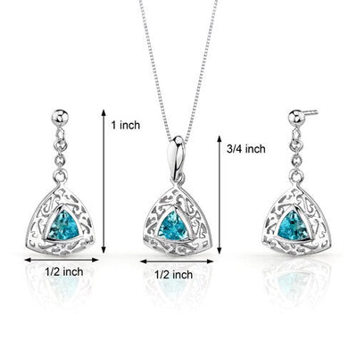 Swiss Blue Topaz Pendant Earrings Set Sterling Silver Trillion