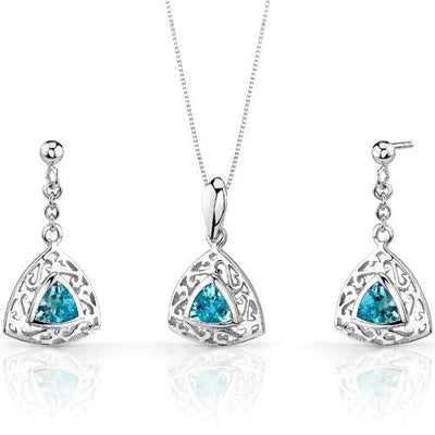 Swiss Blue Topaz Pendant Earrings Set Sterling Silver Trillion