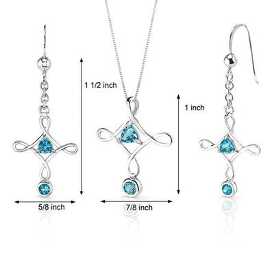 Swiss Blue Topaz Pendant Earrings Set Sterling Silver Trillion