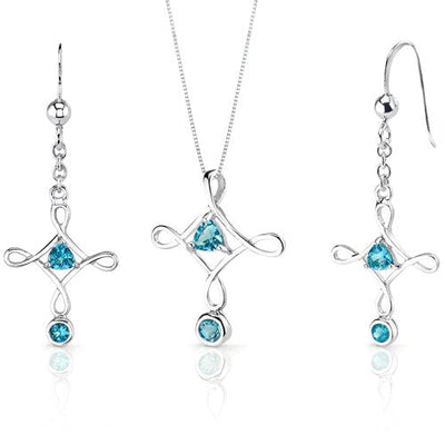 Swiss Blue Topaz Pendant Earrings Set Sterling Silver Trillion