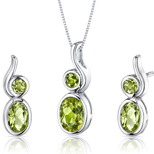 Peridot Pendant Earrings Set Sterling Silver oval Shape 2.5 cts