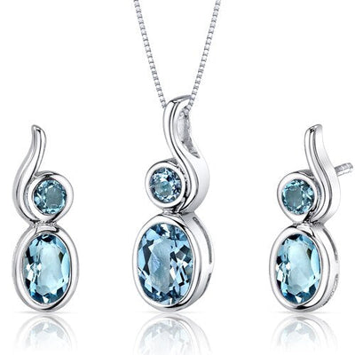 Swiss Blue Topaz Pendant Earrings Set Sterling Silver oval