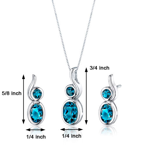 London Blue Topaz Pendant Earrings Set Sterling Silver 2.75 Carats