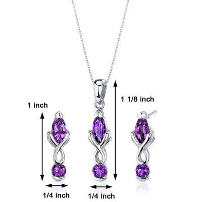 Amethyst Pendant Earrings Set Sterling Silver marquise 2.25 cts