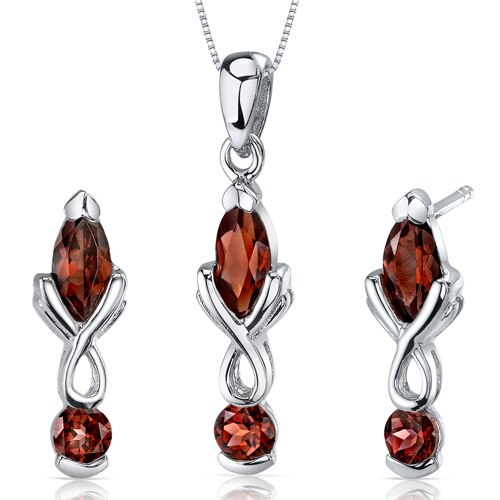 Garnet Pendant Earrings Set Sterling Silver marquise 3 Carats