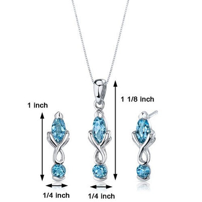 Swiss Blue Topaz Pendant Earrings Set Sterling Silver marquise