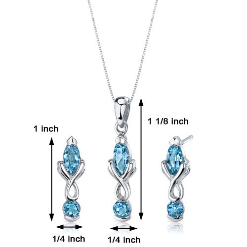 Swiss Blue Topaz Pendant Earrings Set Sterling Silver marquise