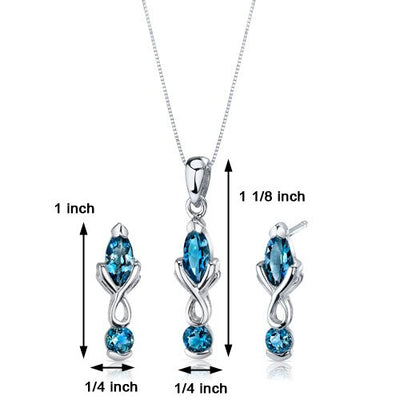 London Blue Topaz Pendant Earrings Set Sterling Silver marquise