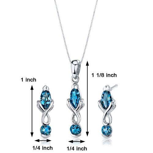 London Blue Topaz Pendant Earrings Set Sterling Silver marquise