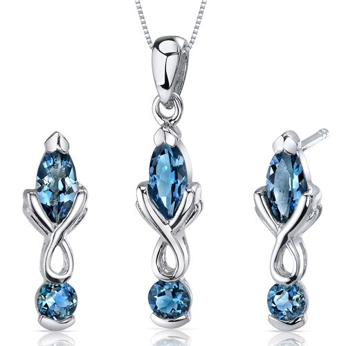 London Blue Topaz Pendant Earrings Set Sterling Silver marquise