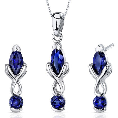 Blue Sapphire Pendant Earrings Set Sterling Silver marquise