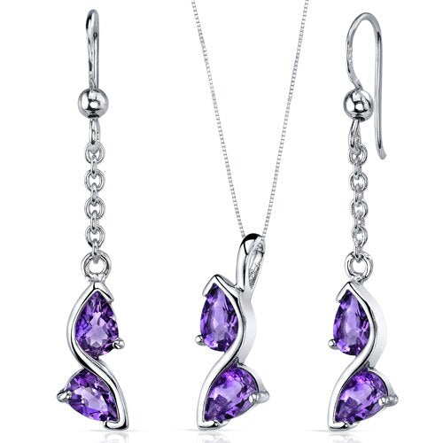 Amethyst Pendant Earrings Set Sterling Silver pear 1.5 Carats