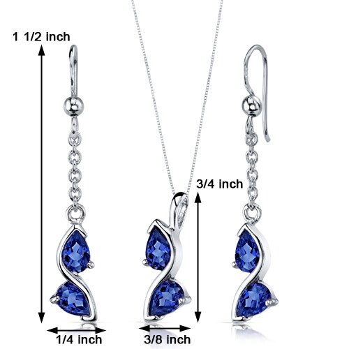 Blue Sapphire Pendant Earrings Set Sterling Silver pear 3 cts