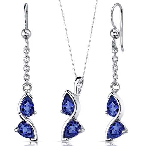 Blue Sapphire Pendant Earrings Set Sterling Silver pear 3 cts