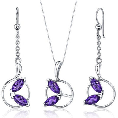 Amethyst Pendant Earrings Set Sterling Silver marquise 1.5 cts