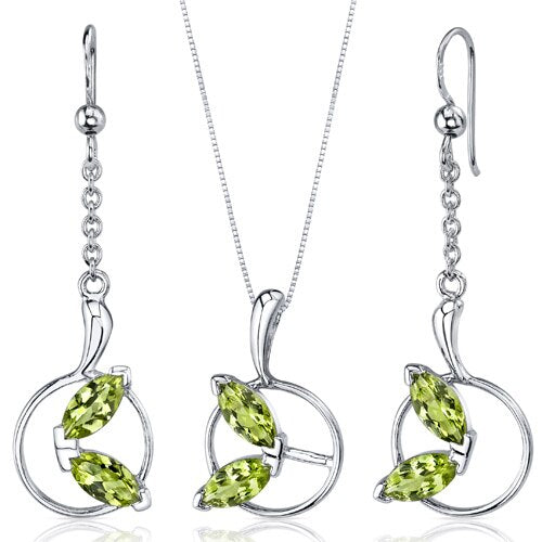 Peridot Pendant Earrings Set Sterling Silver marquise 3 Carats