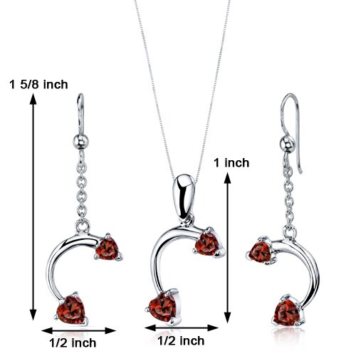 Garnet Pendant Earrings Set Sterling Silver Heart 2.25 Carats