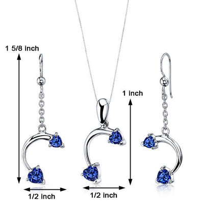 Blue Sapphire Pendant Earrings Set Sterling Silver Heart Shape 2.25 Carats