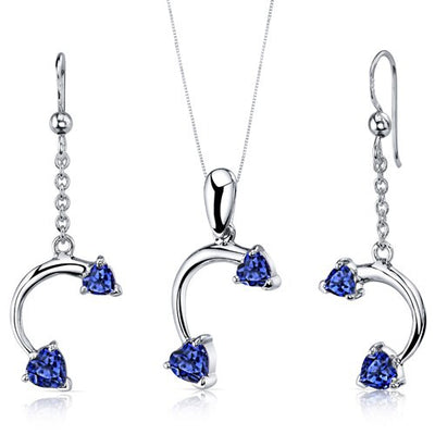 Blue Sapphire Pendant Earrings Set Sterling Silver Heart Shape 2.25 Carats