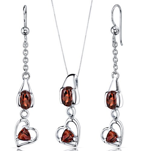 Garnet Pendant Earrings Set Sterling Silver oval Shape 2.25 cts