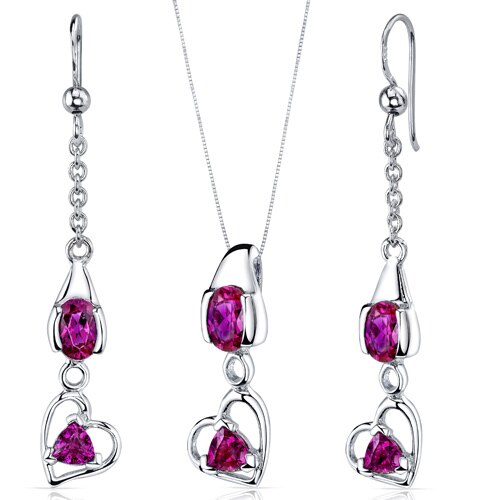 Ruby Pendant Earrings Set Sterling Silver oval Shape 2.25 carat