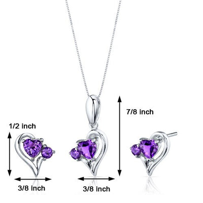 Amethyst Pendant Earrings Set Sterling Silver Heart 2.25 Carats