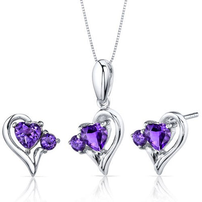 Amethyst Pendant Earrings Set Sterling Silver Heart 2.25 Carats