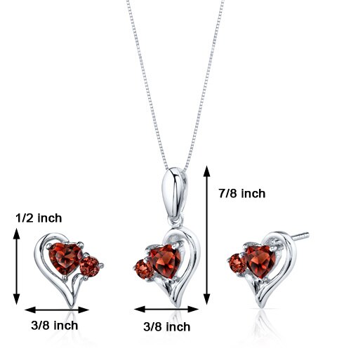 Garnet Pendant Earrings Set Sterling Silver Heart 2.25 Carats