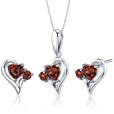 Garnet Pendant Earrings Set Sterling Silver Heart 2.25 Carats