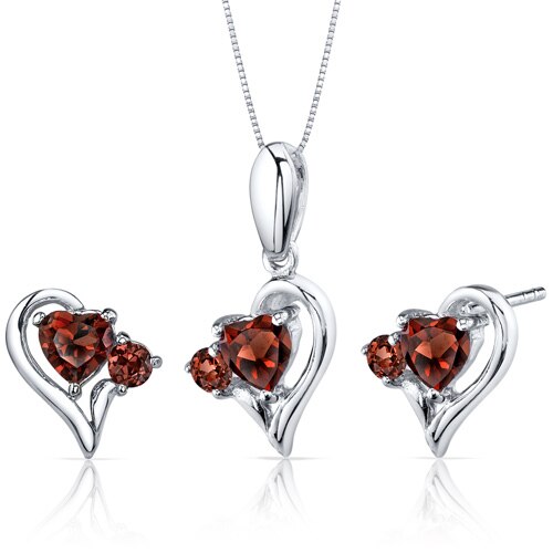 Garnet Pendant Earrings Set Sterling Silver Heart 2.25 Carats