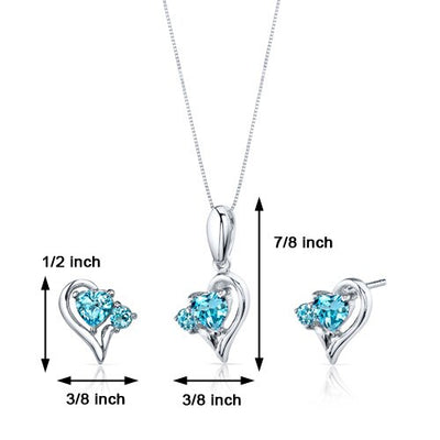 Swiss Blue Topaz Pendant Earrings Set Sterling Silver Heart