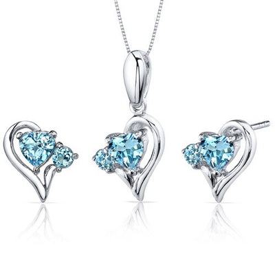 Swiss Blue Topaz Pendant Earrings Set Sterling Silver Heart