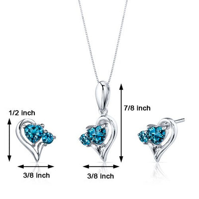 London Blue Topaz Pendant Earrings Set Sterling Silver Heart