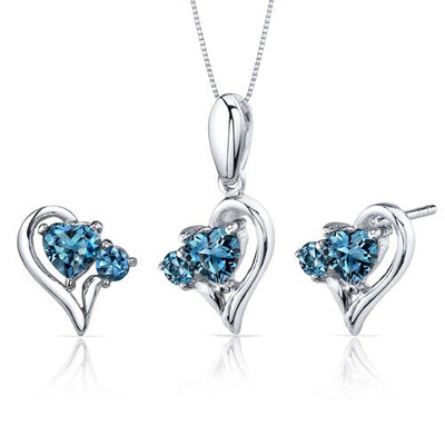 London Blue Topaz Pendant Earrings Set Sterling Silver Heart