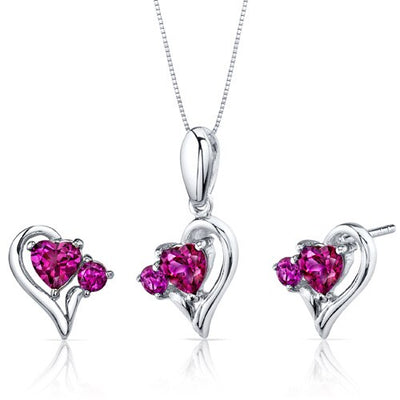 Ruby Pendant Earrings Set Sterling Silver Heart Shape 2.25 cts