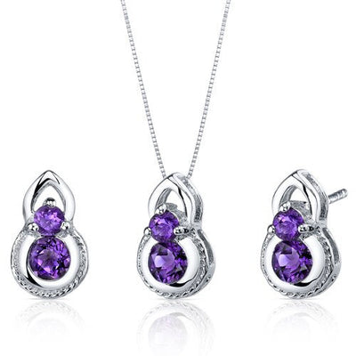 Amethyst Pendant Earrings Set Sterling Silver round 1.5 Carats