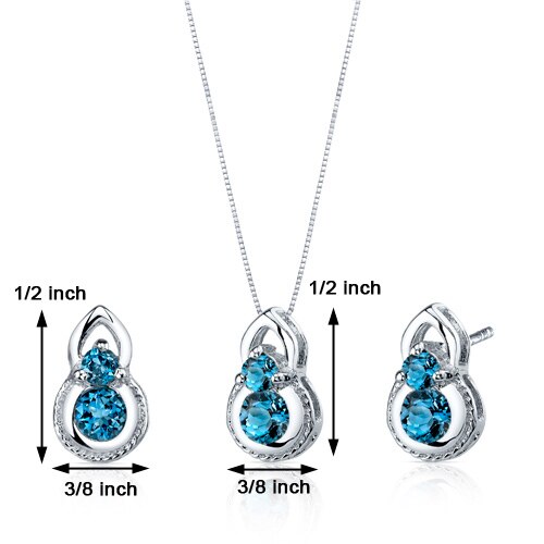 London Blue Topaz Pendant Earrings Set Sterling Silver round