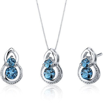 London Blue Topaz Pendant Earrings Set Sterling Silver round