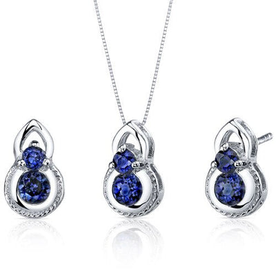 Blue Sapphire Pendant Earrings Set Sterling Silver round