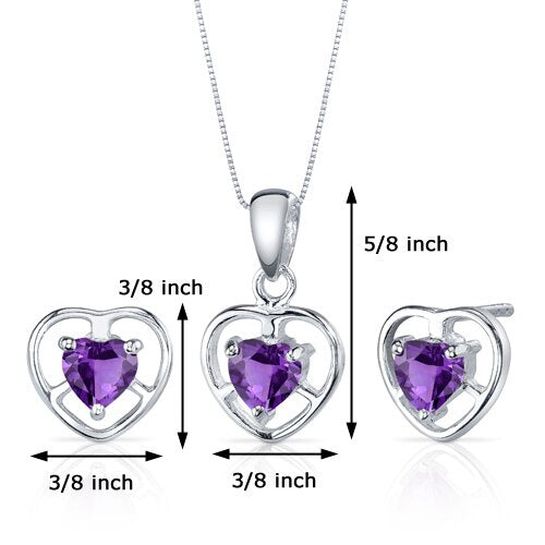 Amethyst Pendant Earrings Set Sterling Silver heart 1.5 Carats