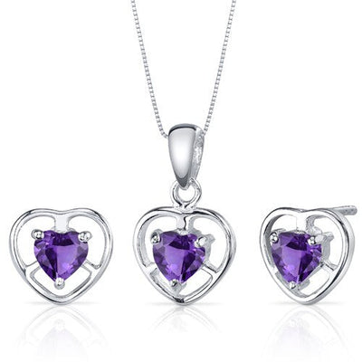 Amethyst Pendant Earrings Set Sterling Silver heart 1.5 Carats